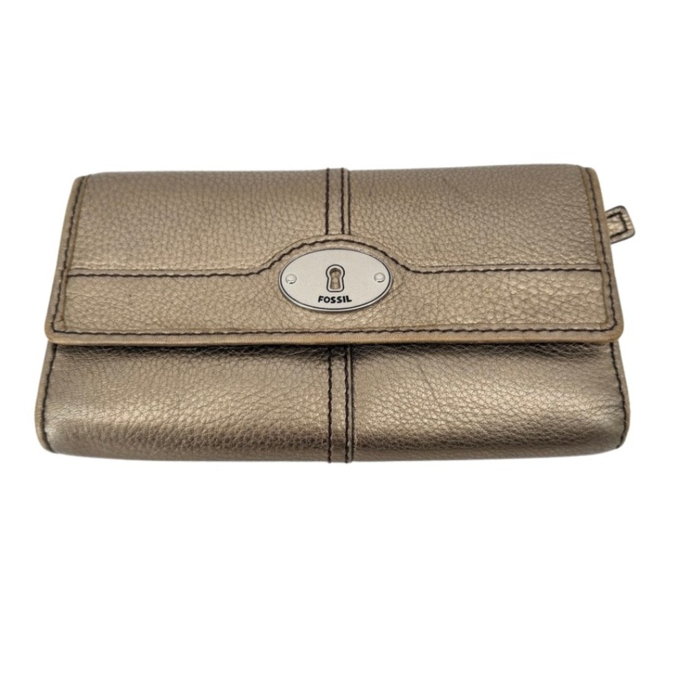 FOSSIL Genuine Cow Hide Leather‎ Trifold Wallet Metallic Bronze Tone Finish